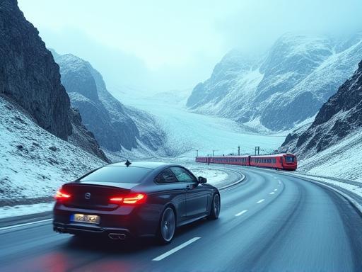 Car driving near the Bernina Express railway line