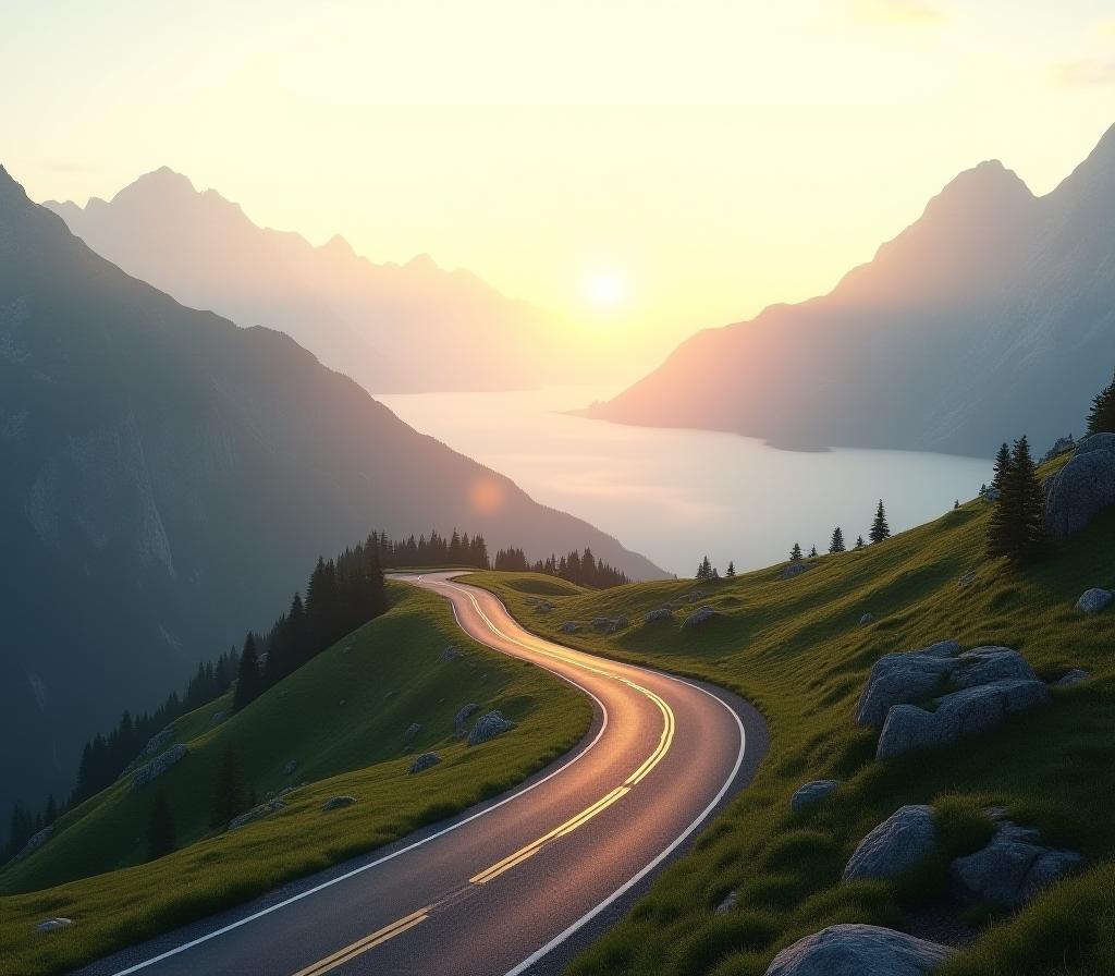 Mountain road in the Swiss Alps during sunrise